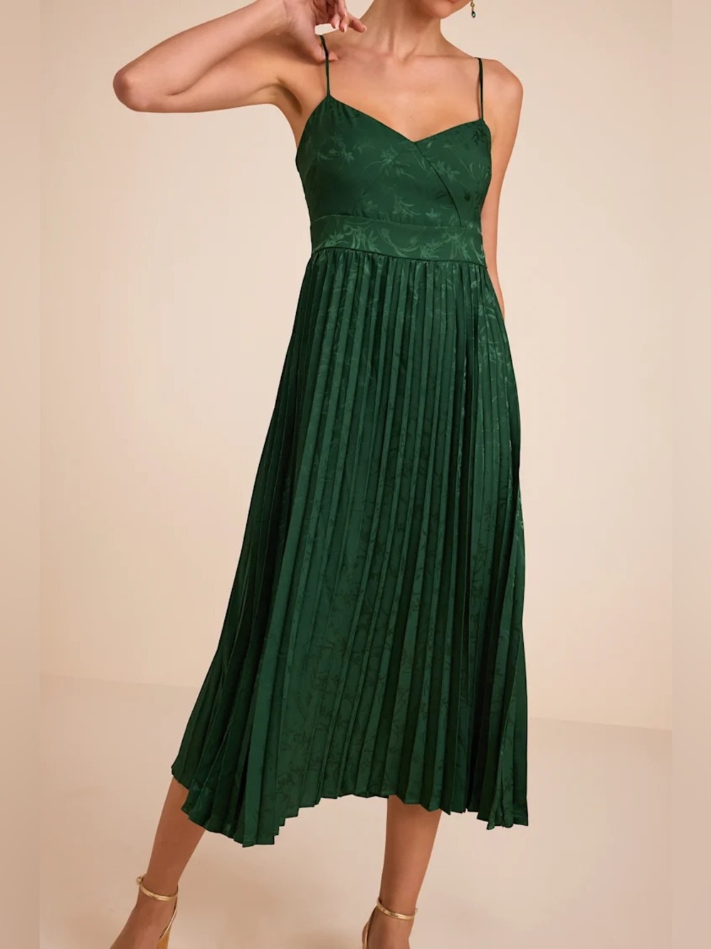 Lulus Regal Romance Emerald Floral Jacquard Pleated Satin Midi Dress - Picture 2 of 9